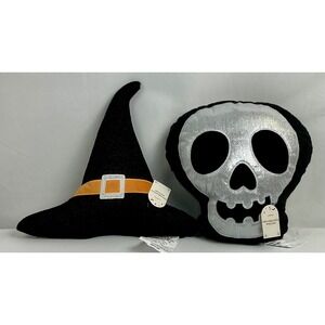 Halloween Decorative Pillow Set Witch Hat & Silver Skull Plush New Soft & Comfy